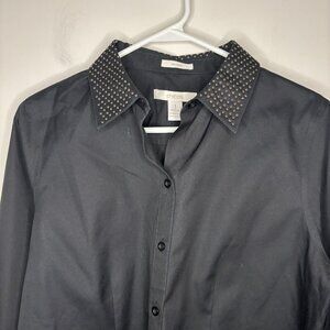 CHICO'S No Iron Long Sleeve Button Up Blouse Womens M Black Rhinestone Holiday